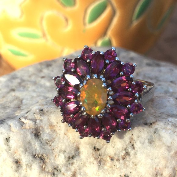 Genuine Opal & Garnet Halo Ring .925 Sterling Silver Natural Gemstones Sz 5 or 7 - Picture 16 of 16